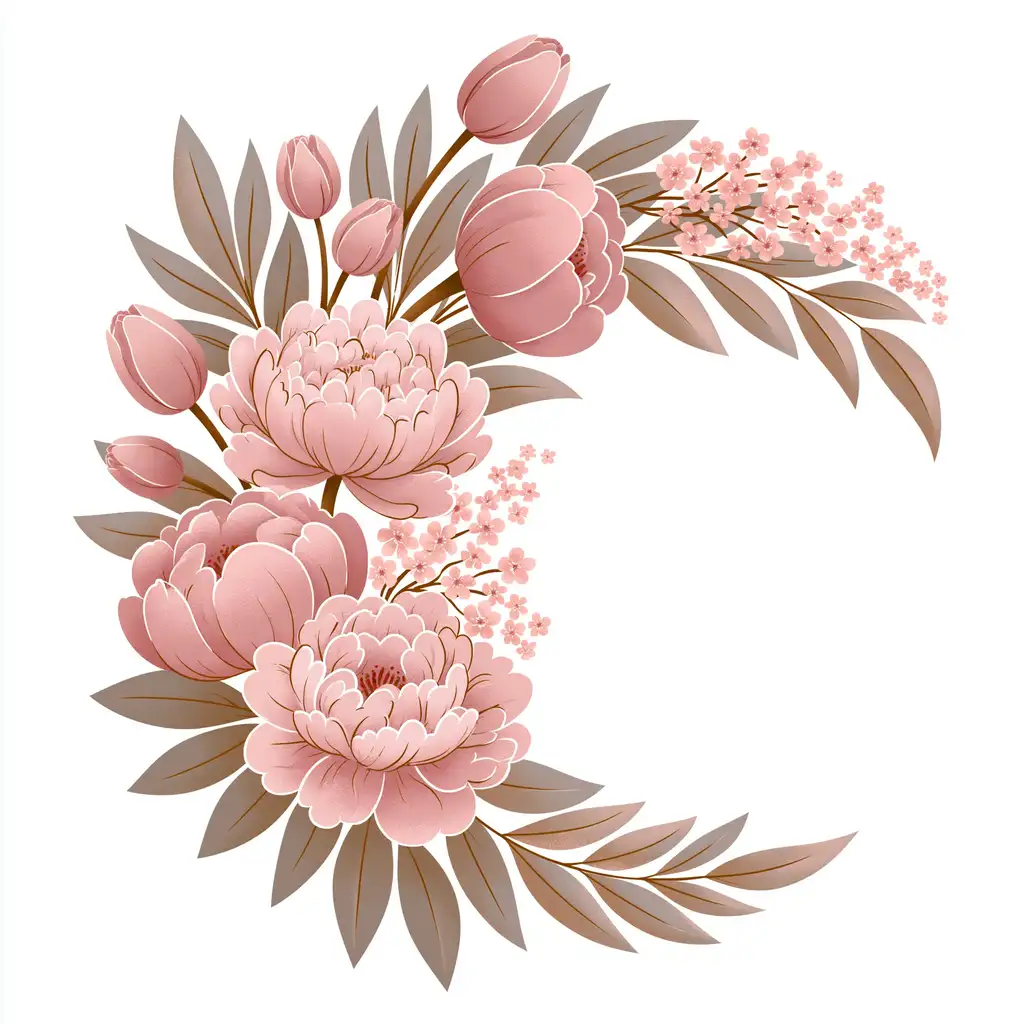 Pink floral arrangements with peonies and leaves