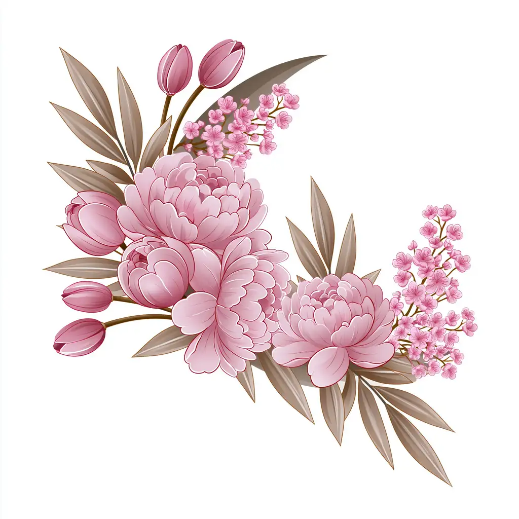 Pink floral arrangements with peonies and leaves