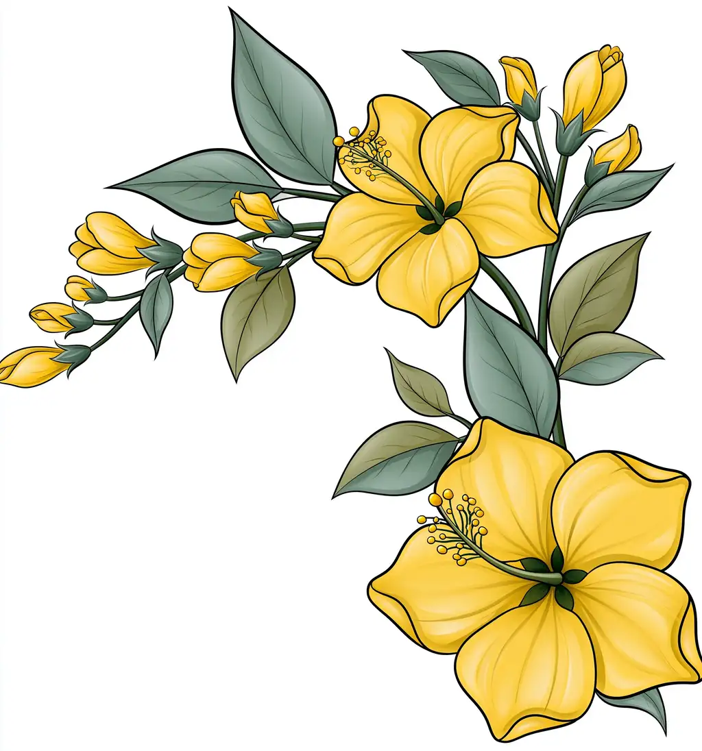 Botanical illustration of flowers and leaves on white background