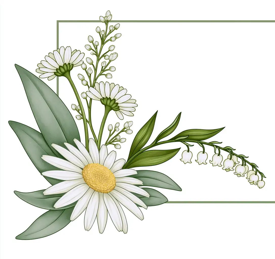 Botanical illustration of flowers and leaves on white background