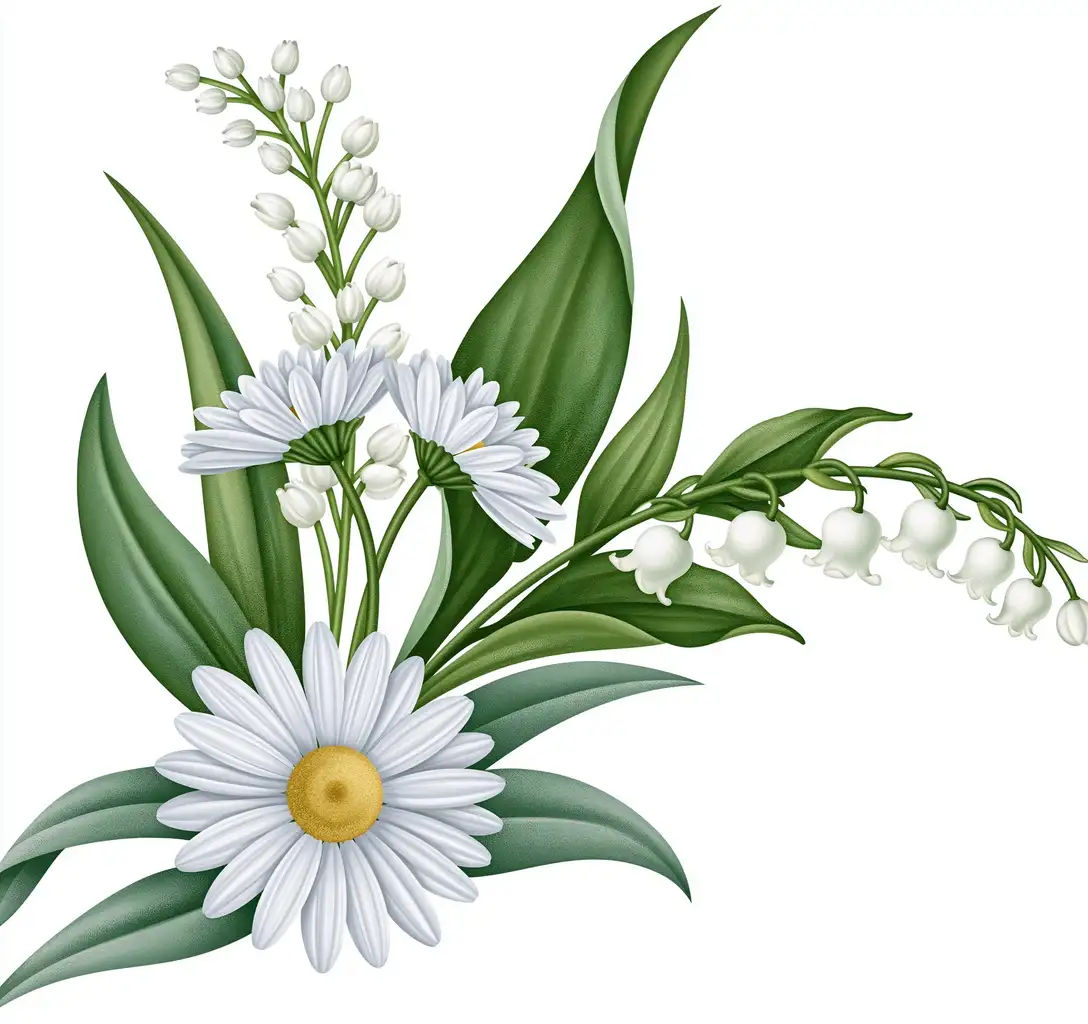 Botanical illustration of flowers and leaves on white background