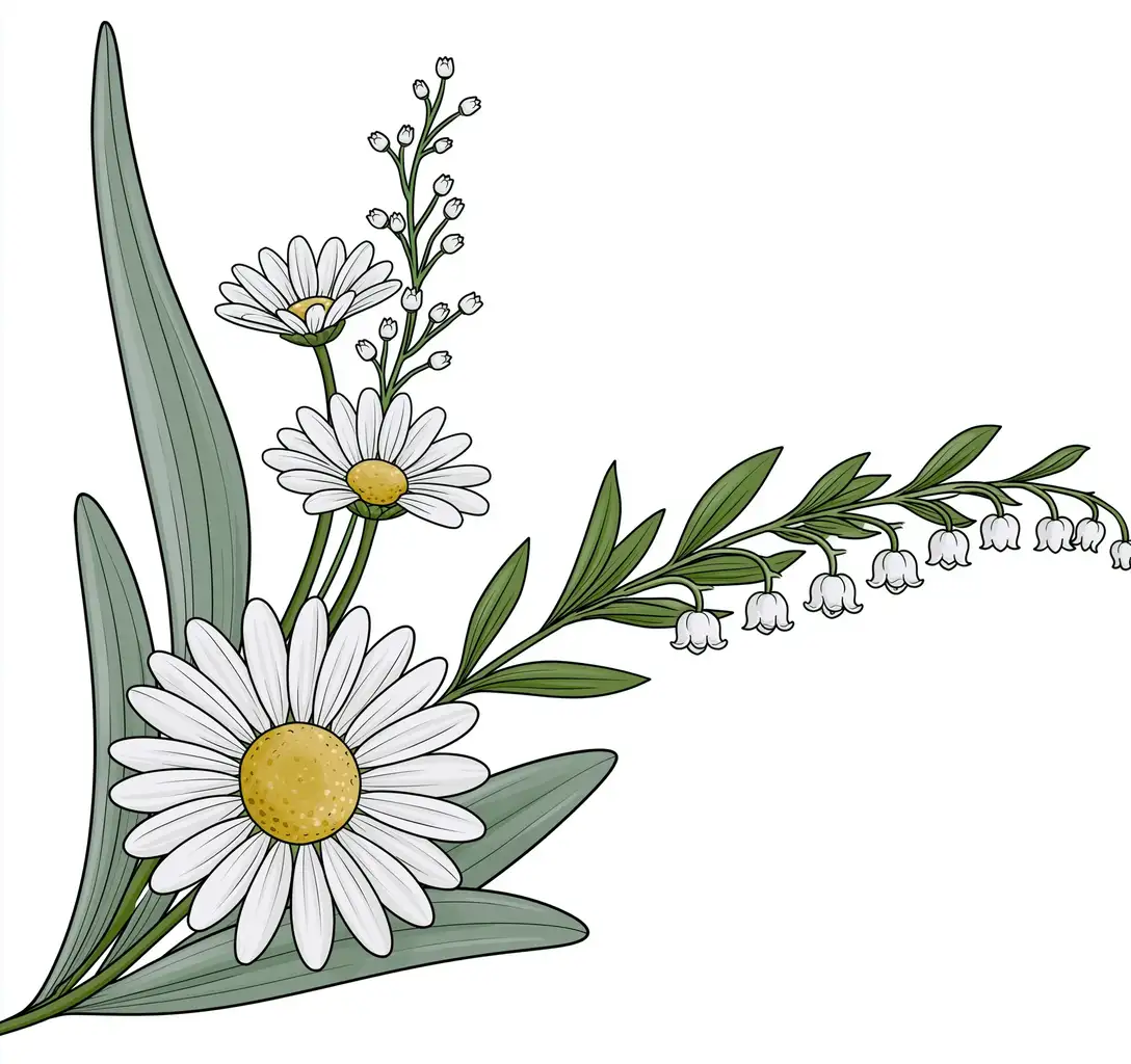 Botanical illustration of flowers and leaves on white background
