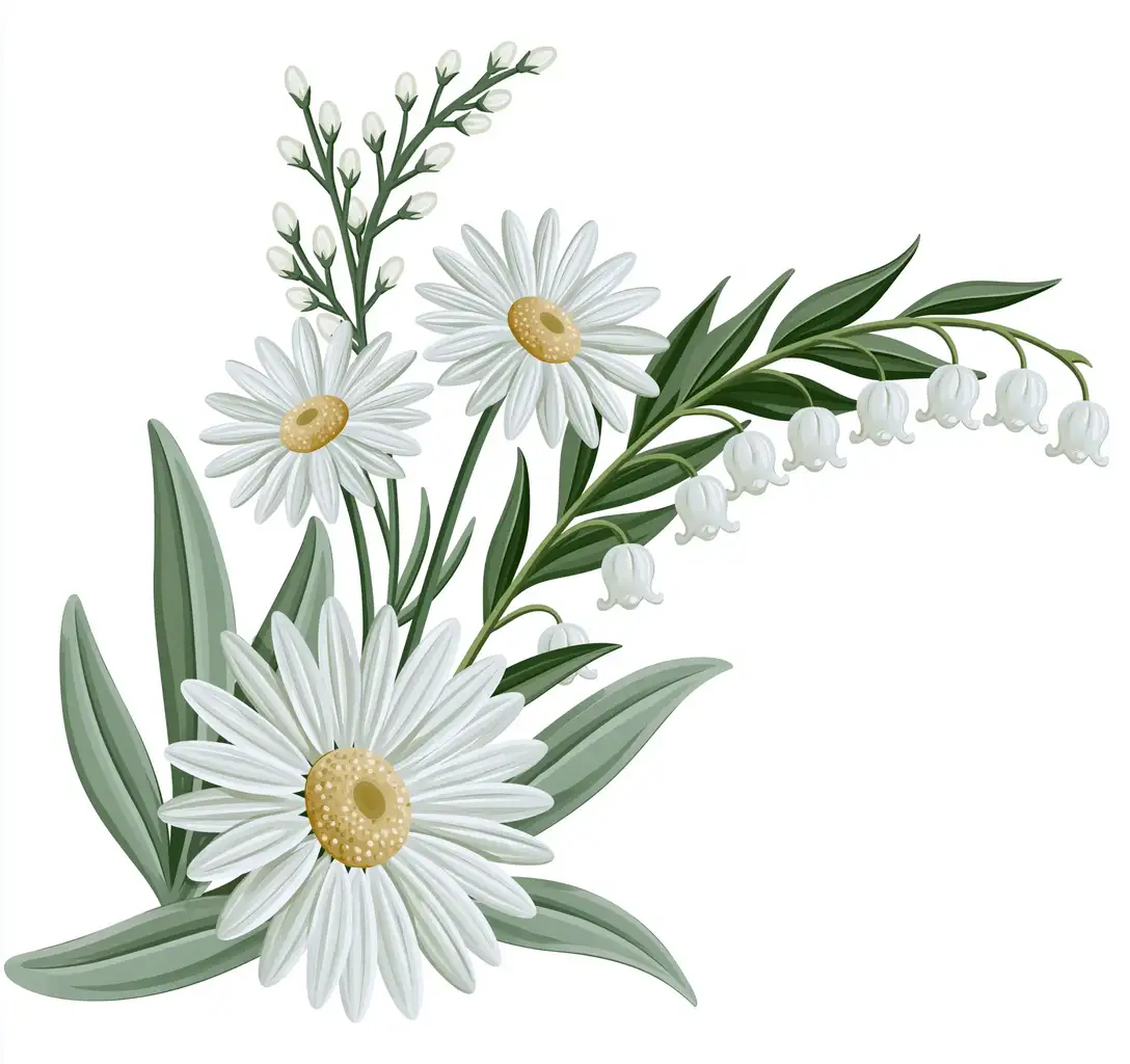 Floral compositions with flowers and leaves on white background
