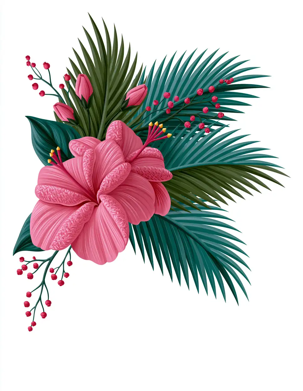 Floral compositions with flowers and leaves on white background