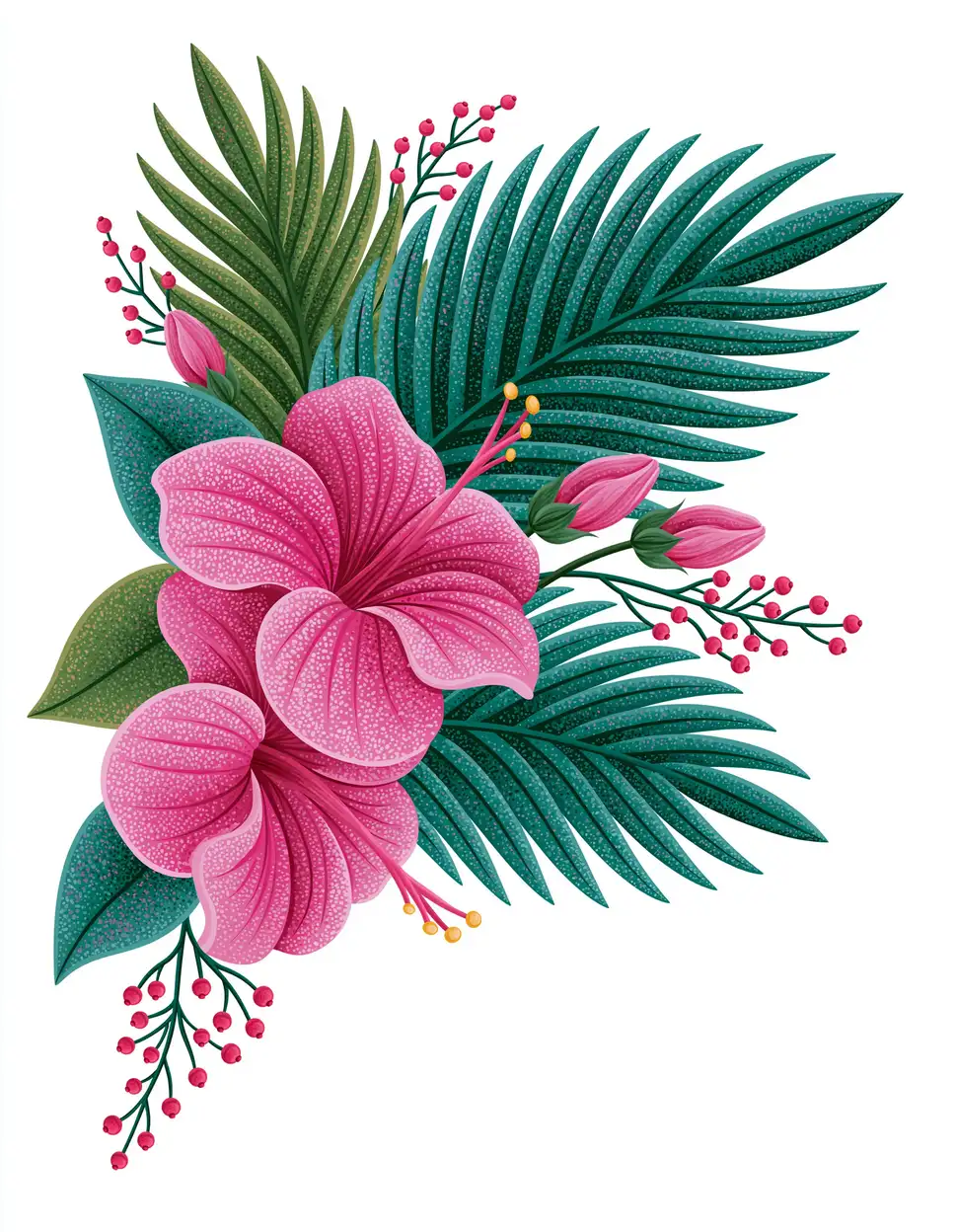 Floral compositions with flowers and leaves on white background