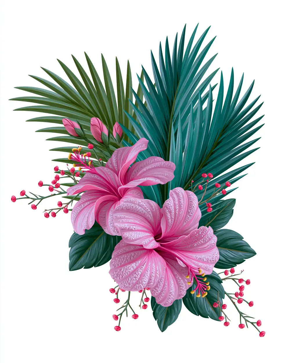 Floral compositions with flowers and leaves on white background