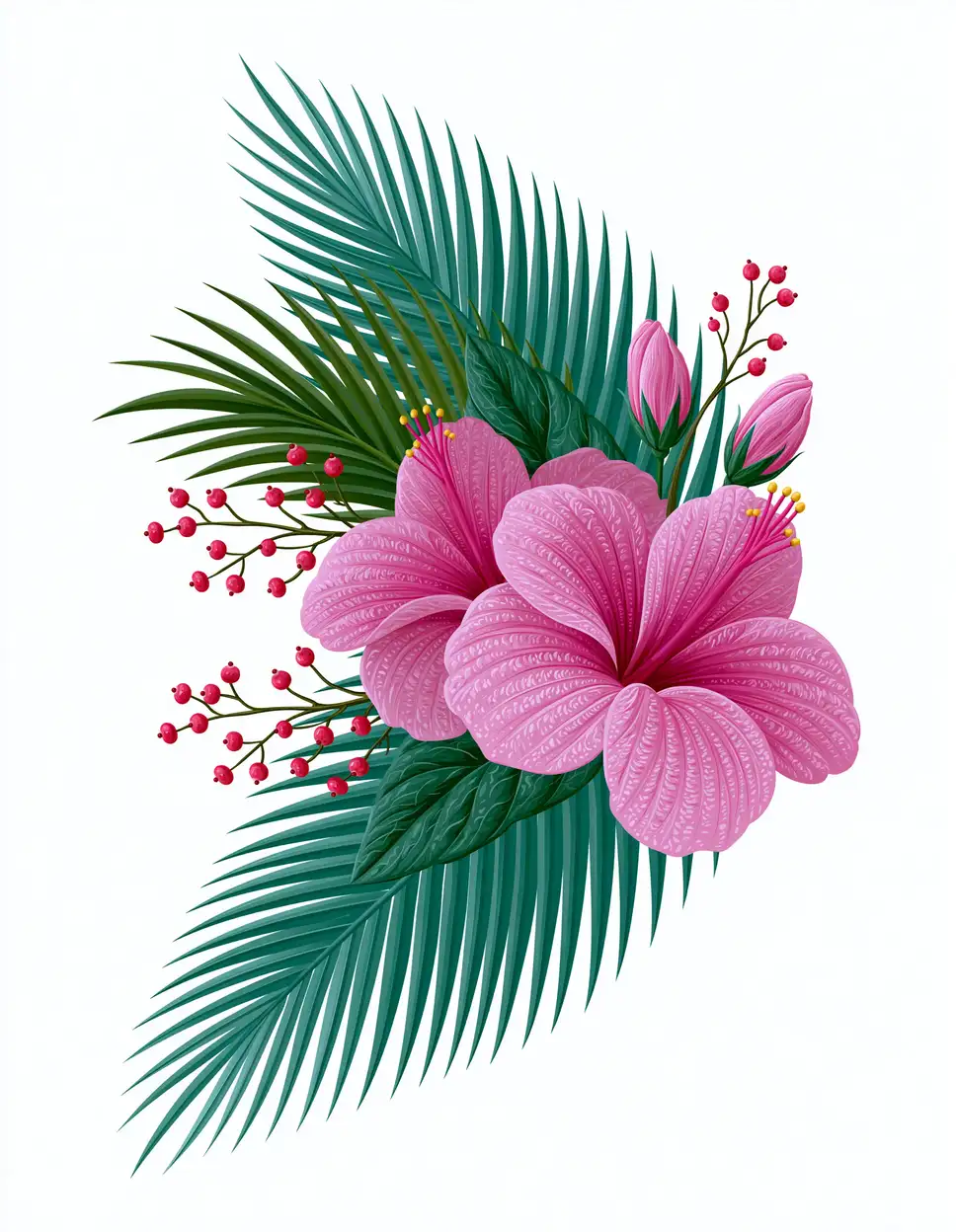 Floral compositions with flowers and leaves on white background