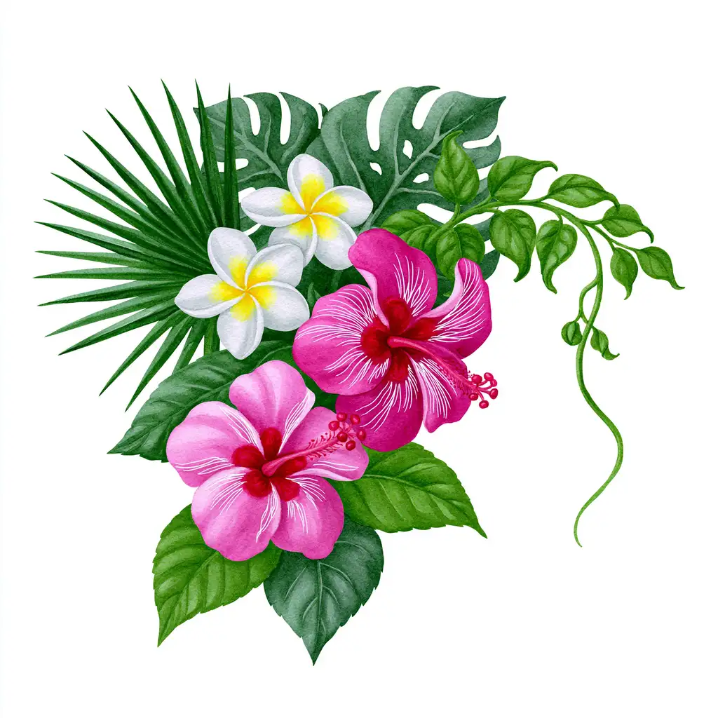 Floral compositions with flowers and leaves on white background