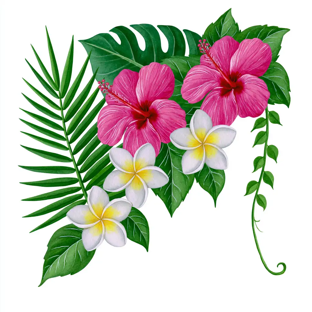 Floral compositions with flowers and leaves on white background
