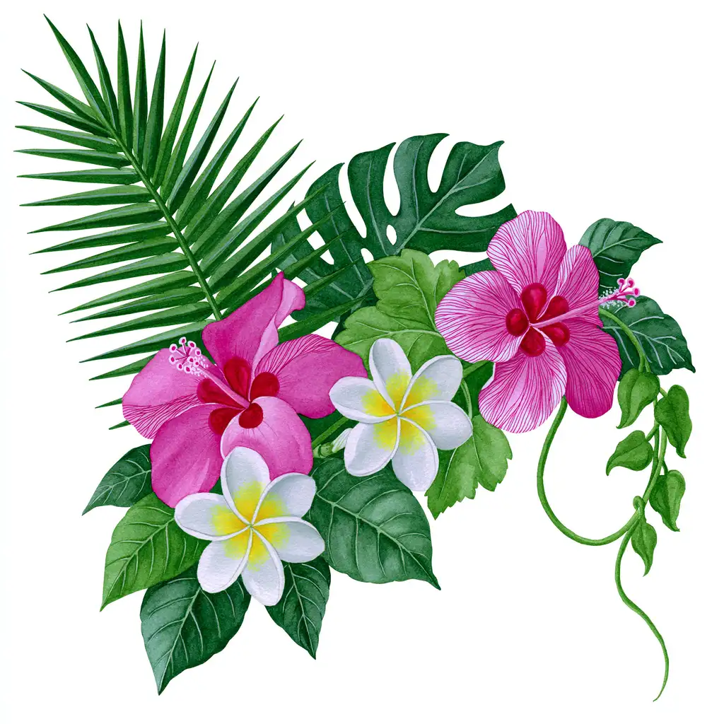 Floral compositions with flowers and leaves on white background