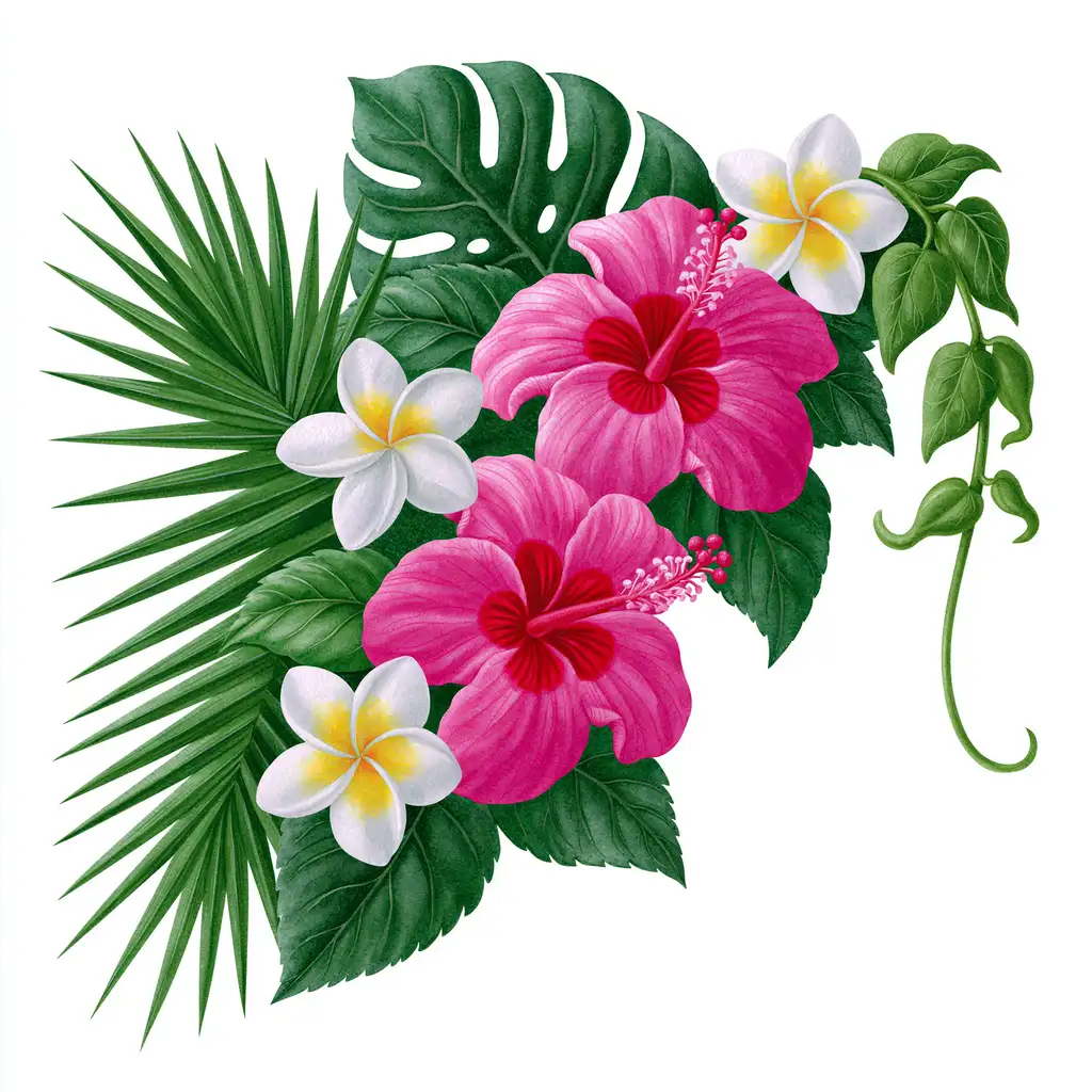 Floral compositions with flowers and leaves on white background