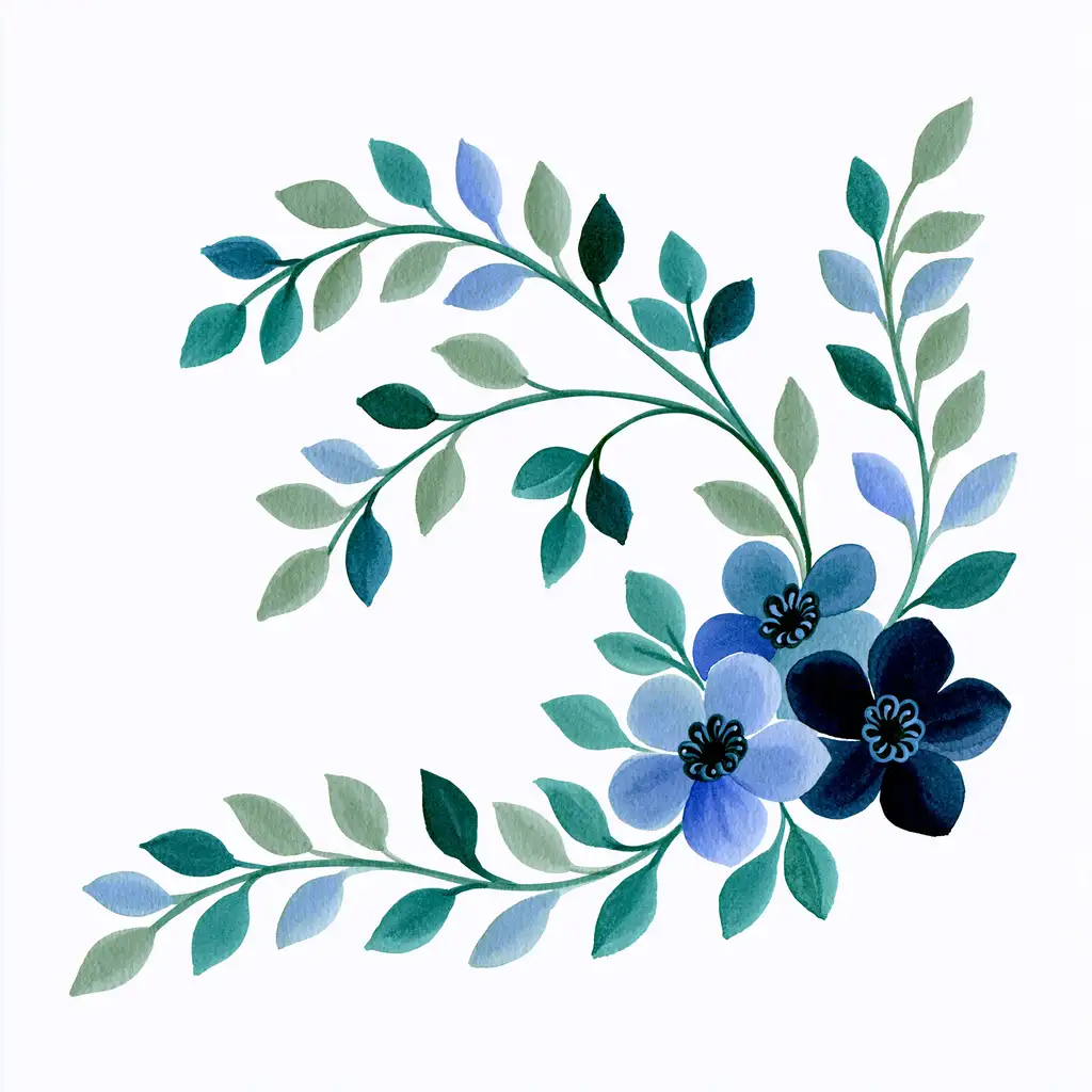 Watercolor Blue Flowers and Leaves Corner Arrangement