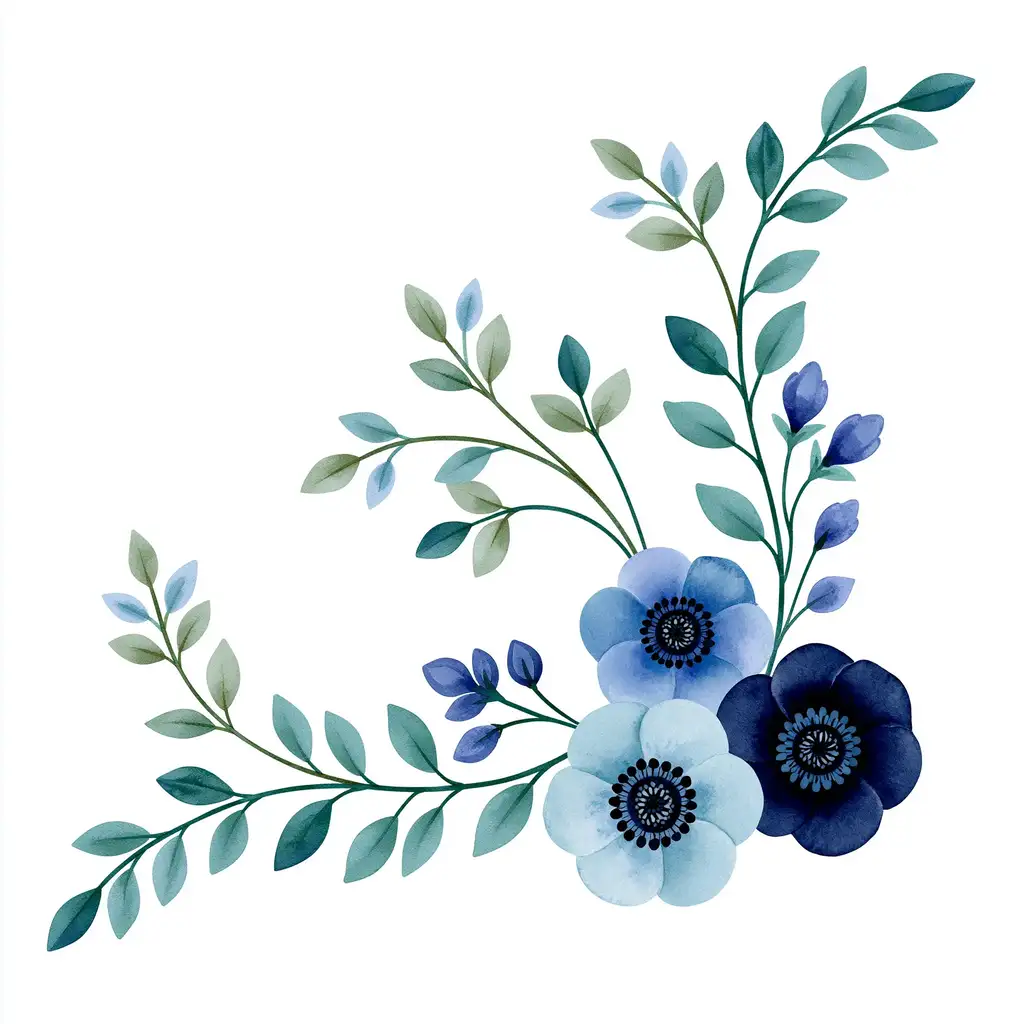Watercolor Blue Flowers and Leaves Corner Arrangement