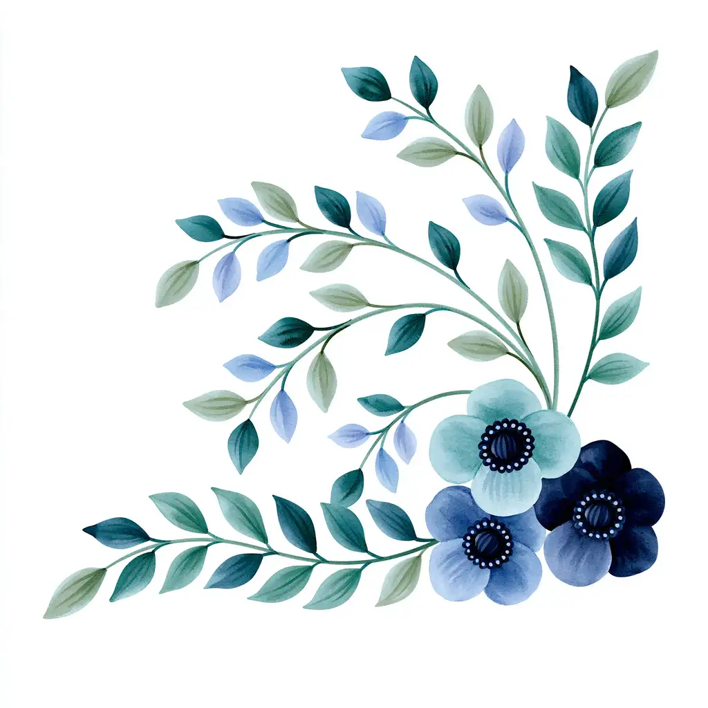 Watercolor Blue Flowers and Leaves Corner Arrangement