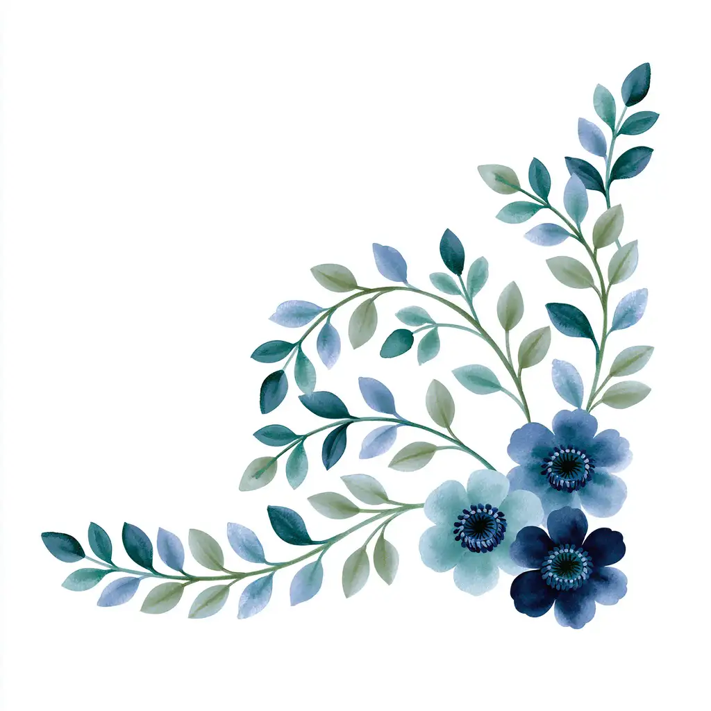Watercolor Blue Flowers and Leaves Corner Arrangement