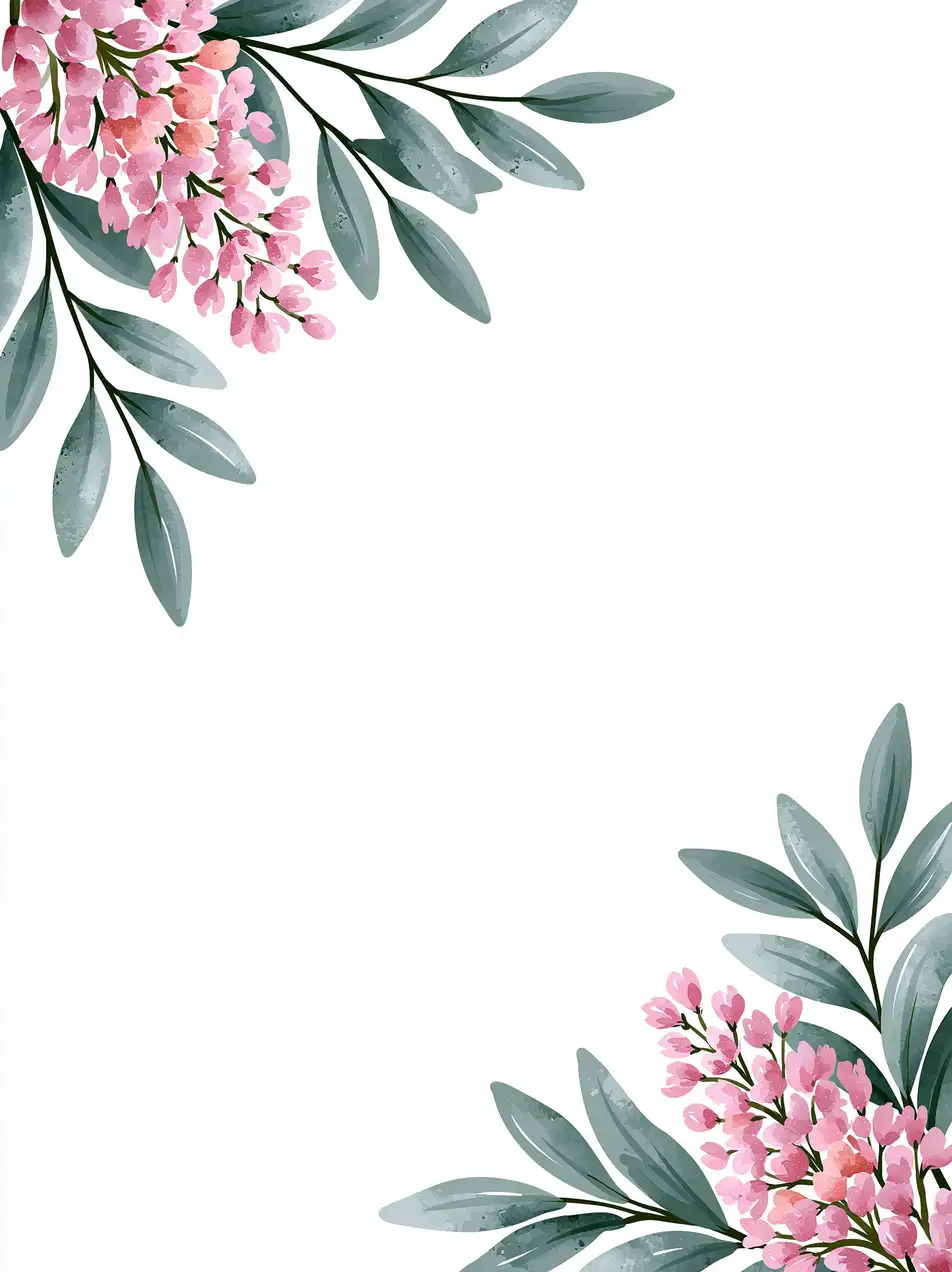 Watercolor floral frame with pink flowers and green leaves