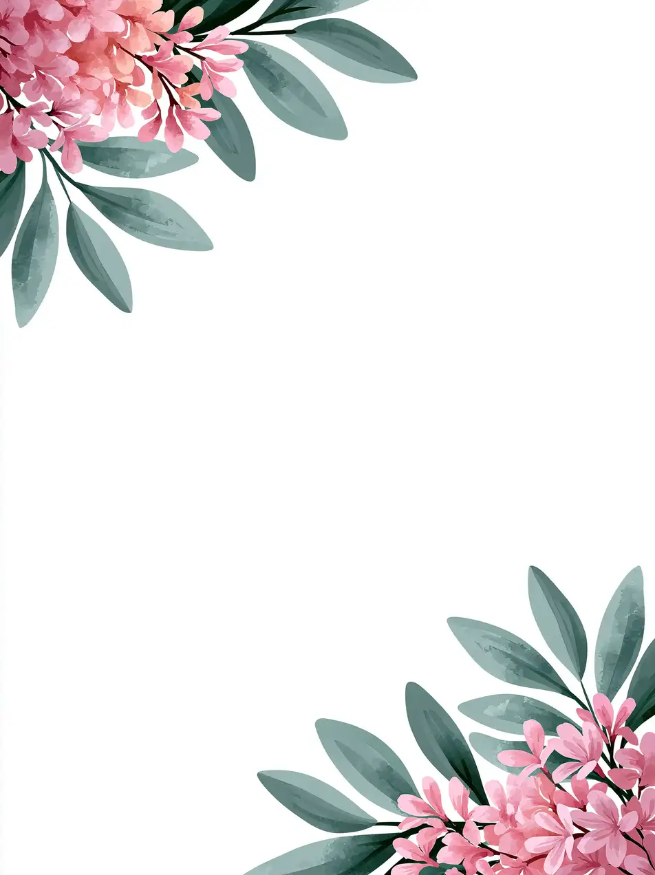 Watercolor floral frame with pink flowers and green leaves