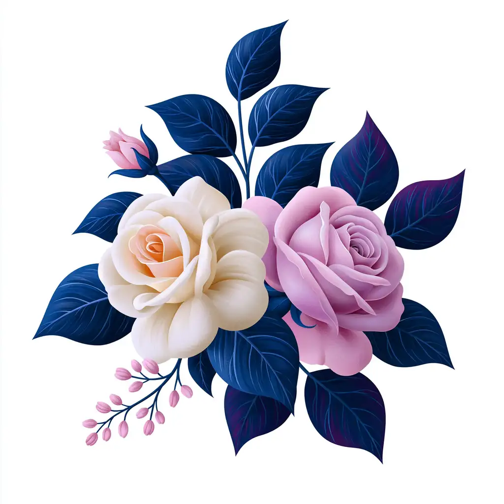 Floral Composition with Pink and White Roses and Dark Blue Leaves