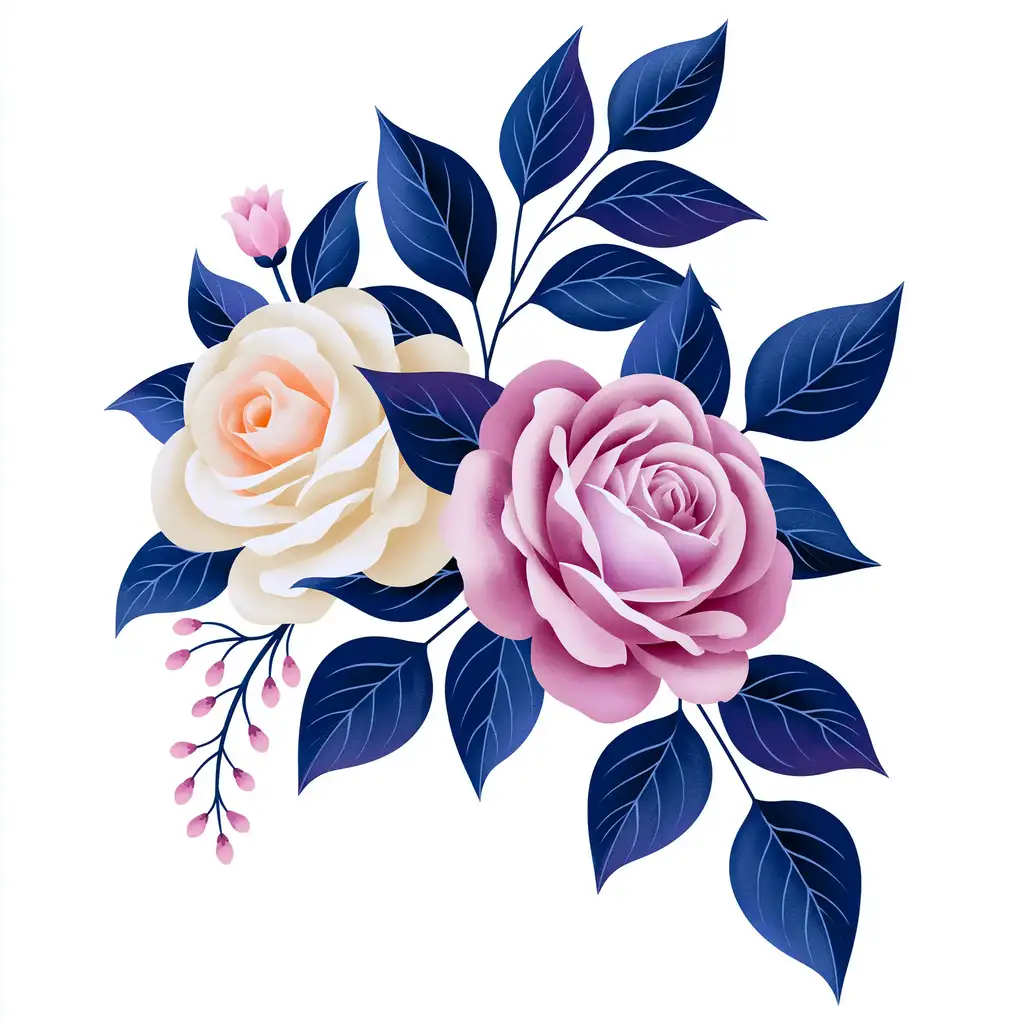 Floral Composition with Pink and White Roses and Dark Blue Leaves