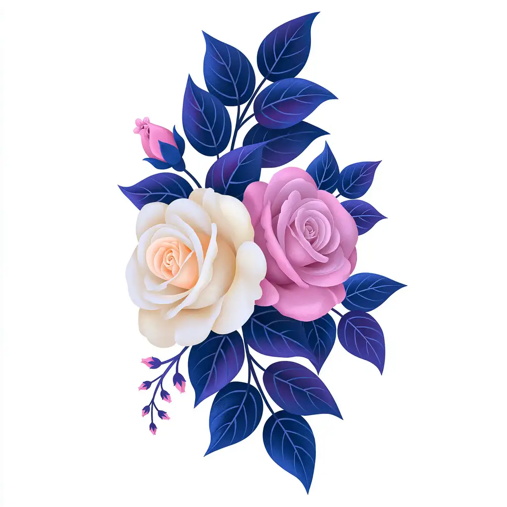 Floral Composition with Pink and White Roses and Dark Blue Leaves