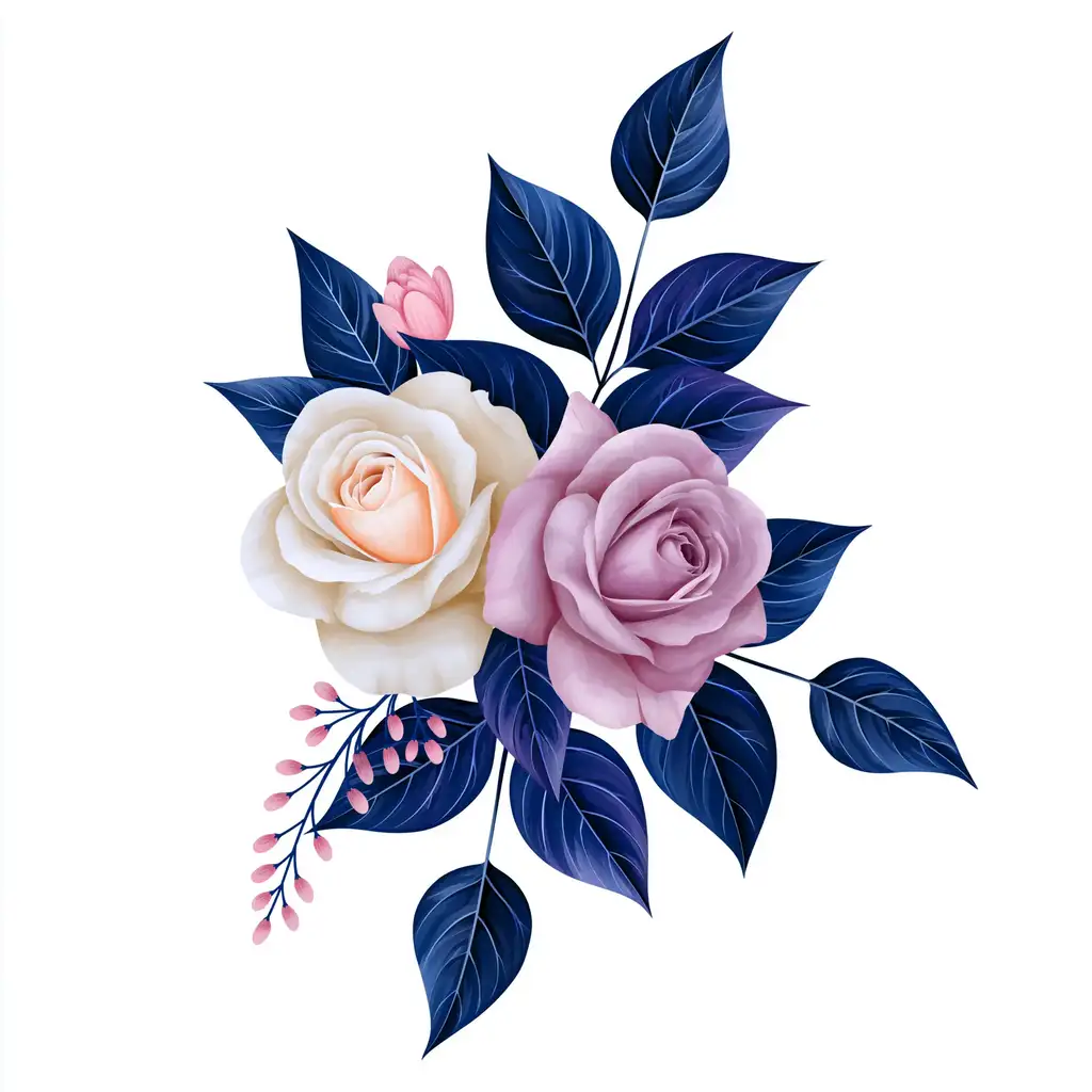 Floral Composition with Pink and White Roses and Dark Blue Leaves