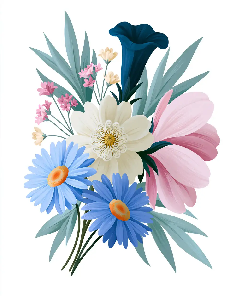 Digital illustration of a colorful floral bouquet with various flowers and leaves