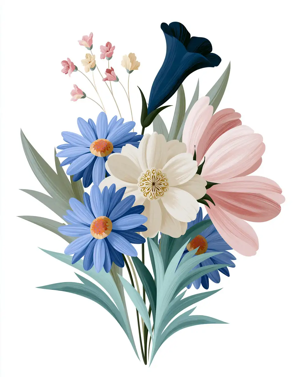 Digital illustration of a colorful floral bouquet with various flowers and leaves