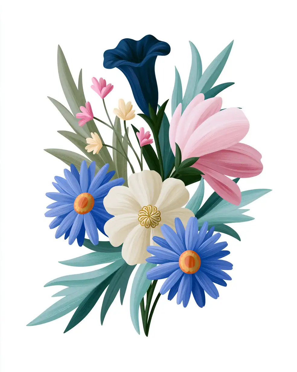 Digital illustration of a colorful floral bouquet with various flowers and leaves