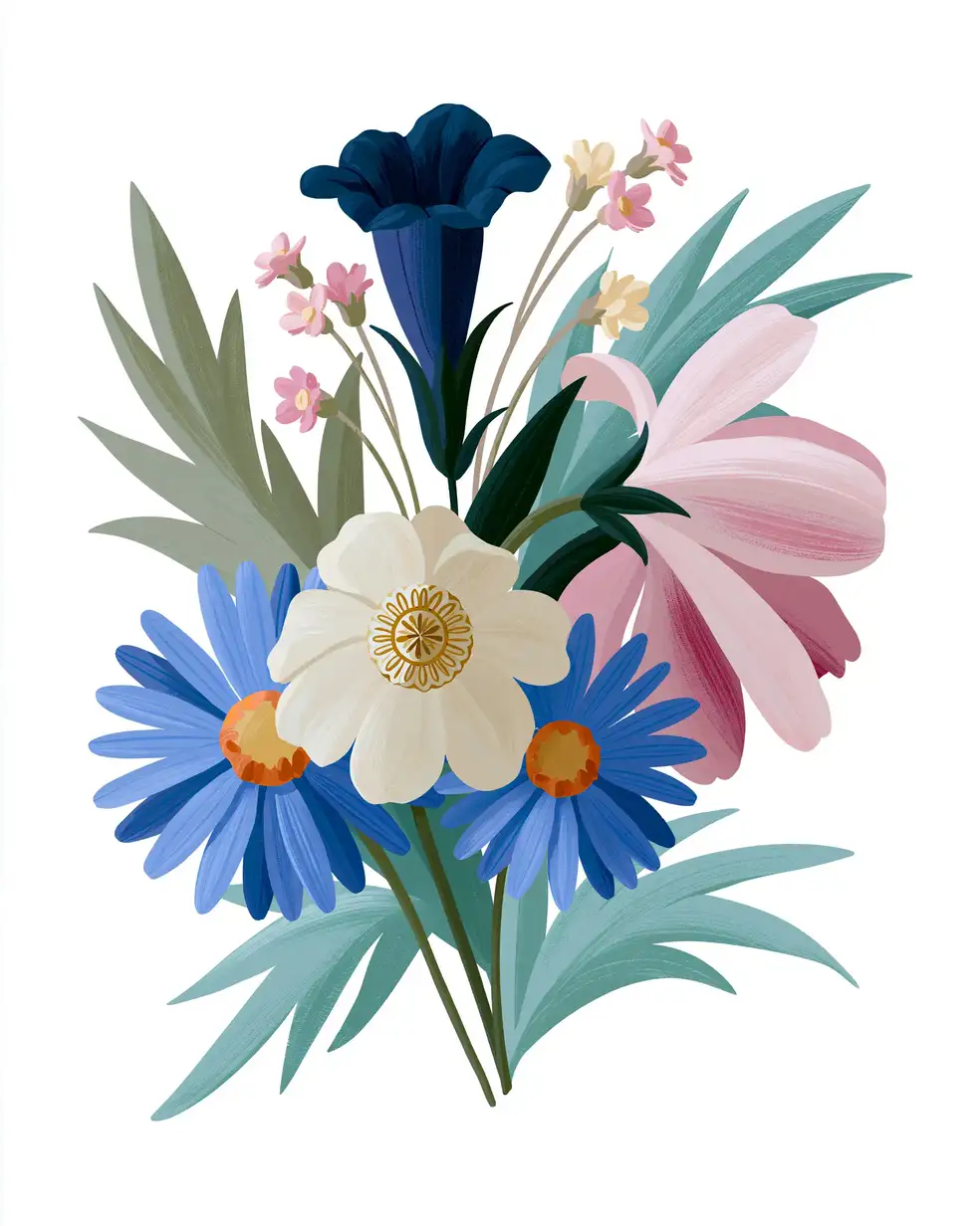 Digital illustration of a colorful floral bouquet with various flowers and leaves