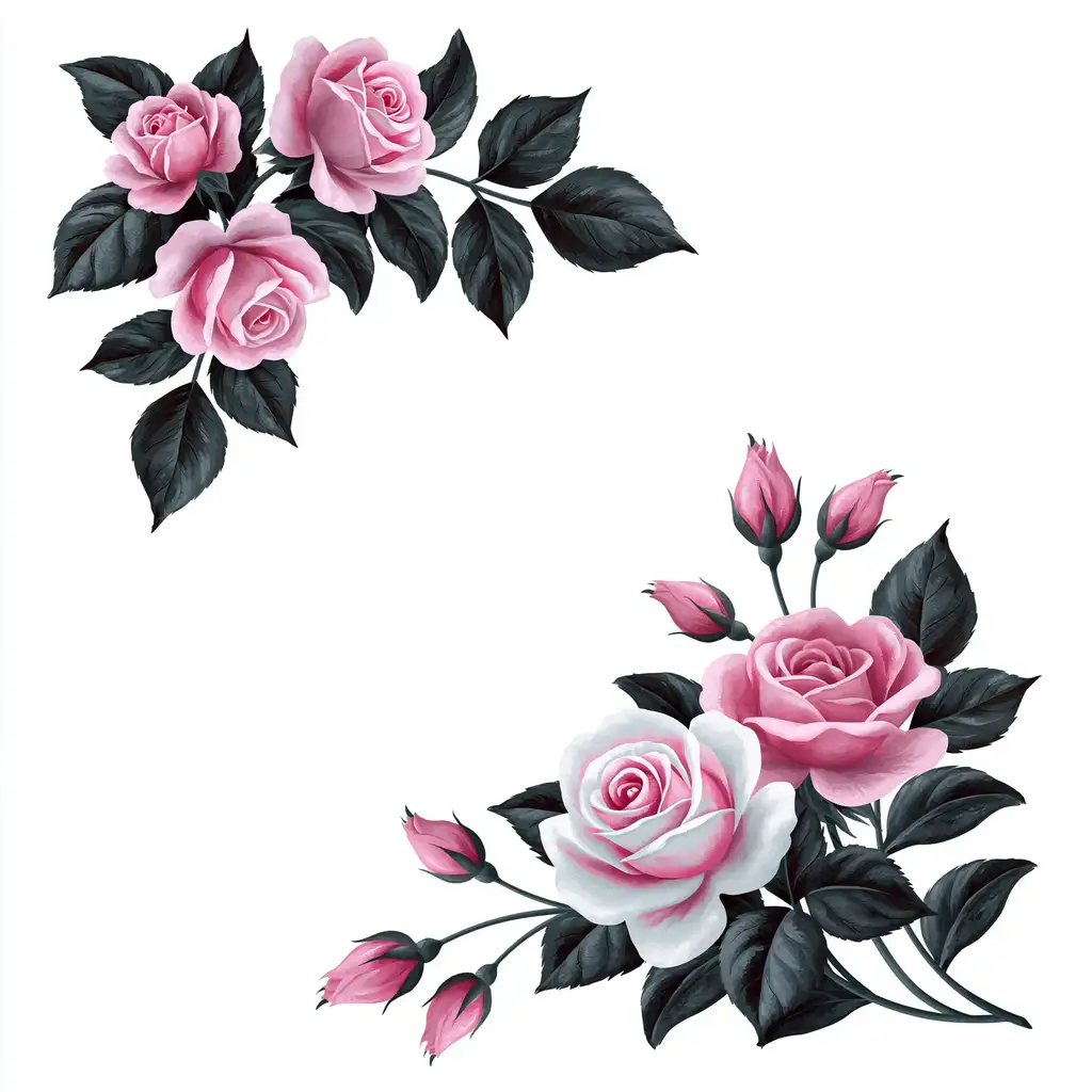 Pink and white rose flower corner arrangements on white background