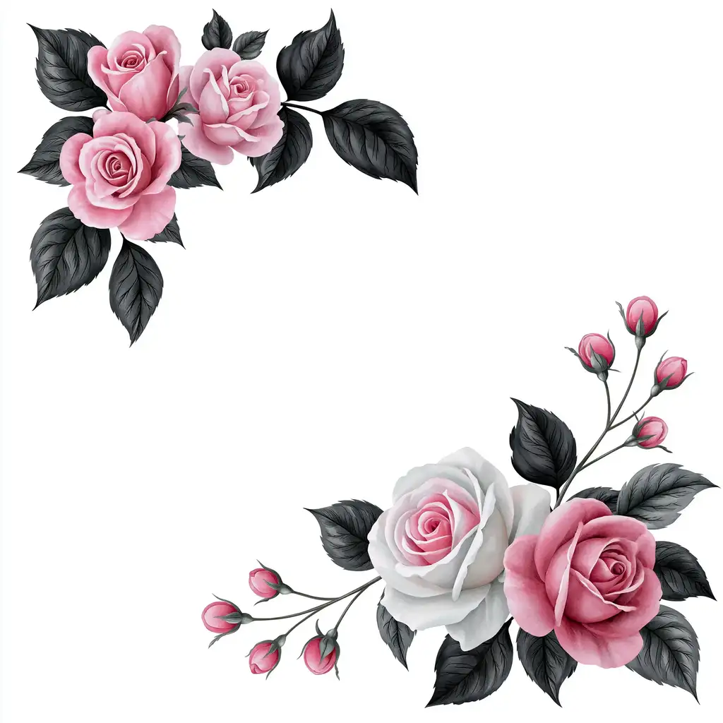 Pink and white rose flower corner arrangements on white background