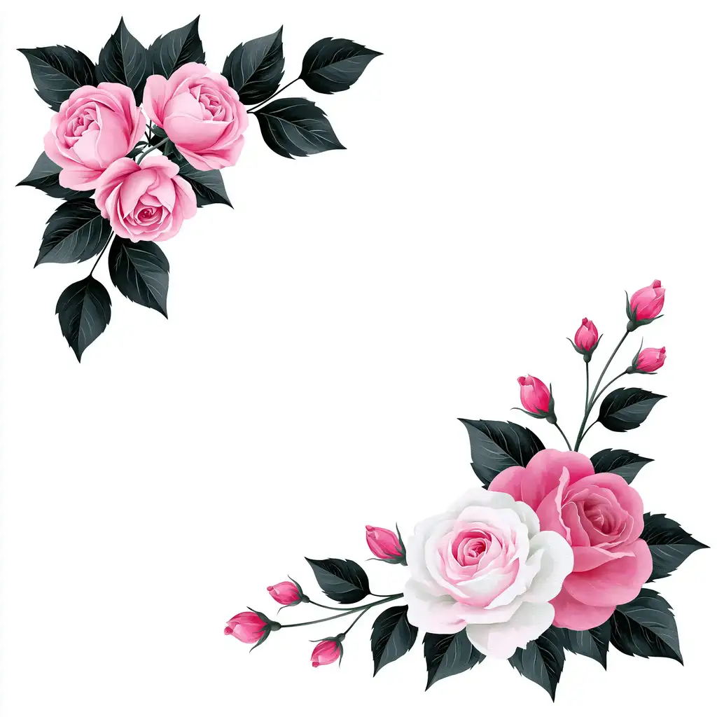 Pink and white rose flower corner arrangements on white background
