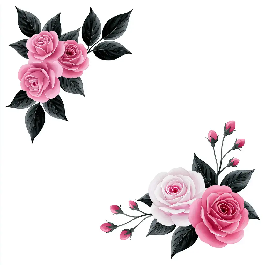 Pink and white rose flower corner arrangements on white background