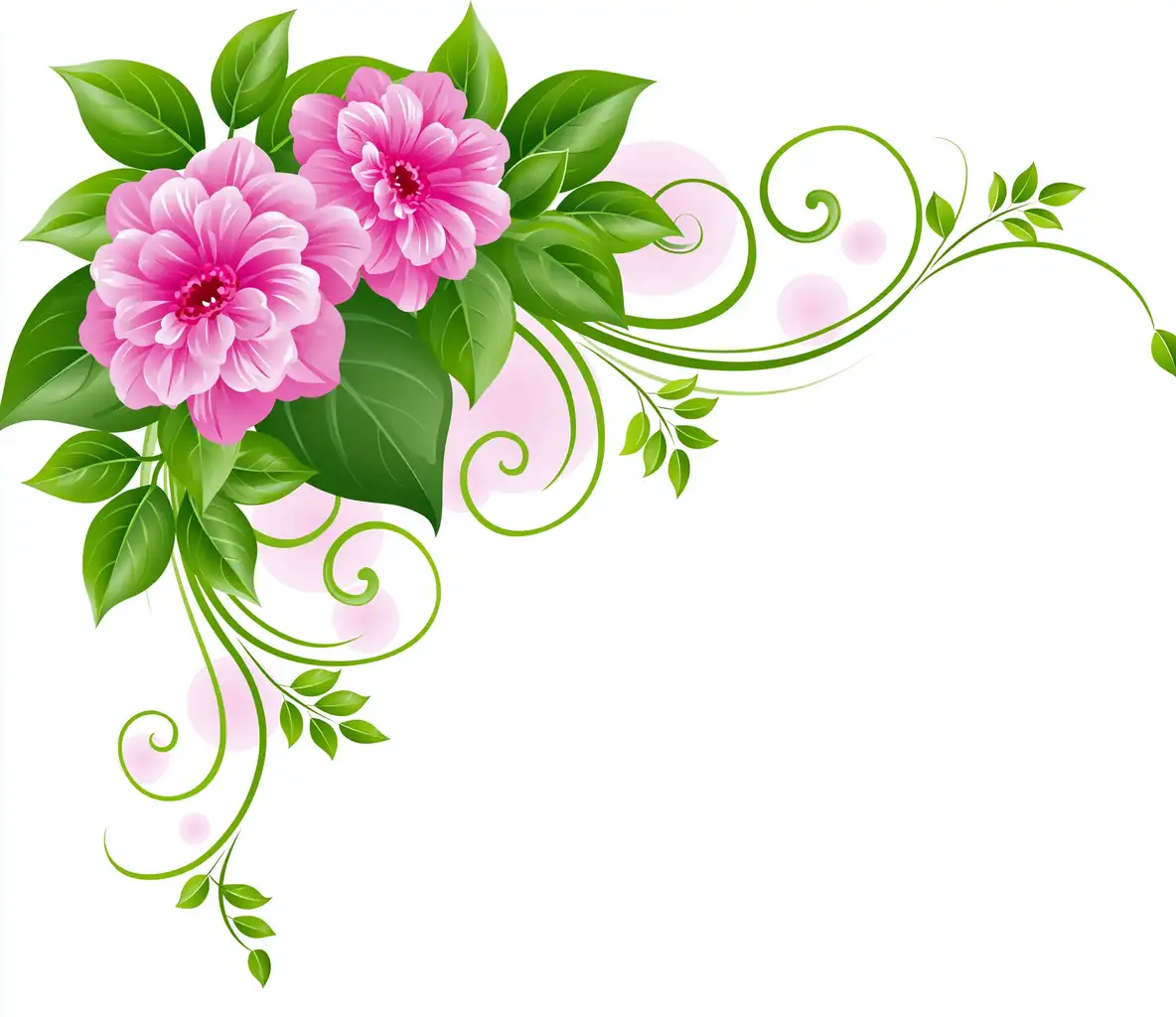 Floral Corner Design with Pink Flowers and Green Swirls