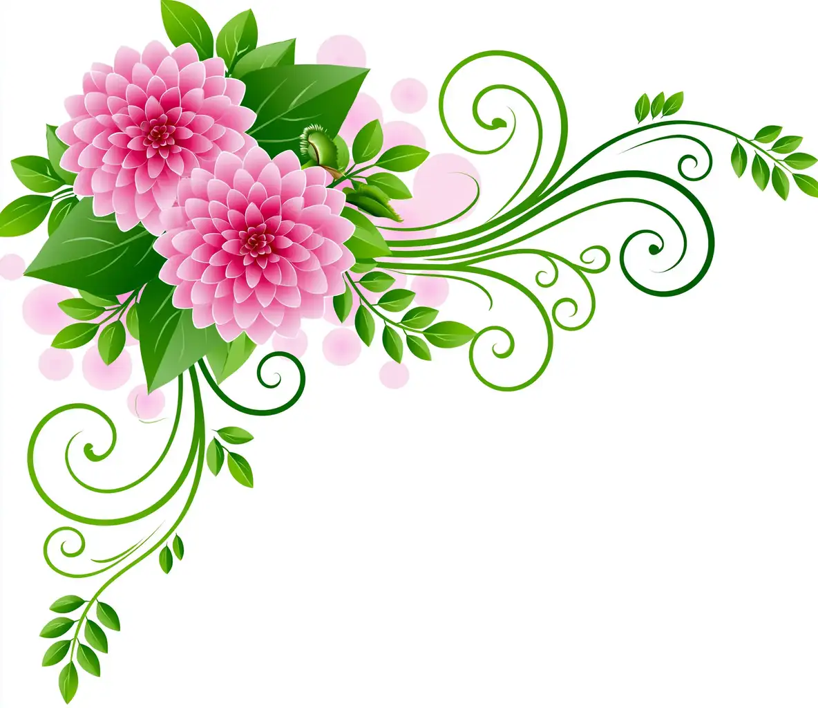 Floral Corner Design with Pink Flowers and Green Swirls