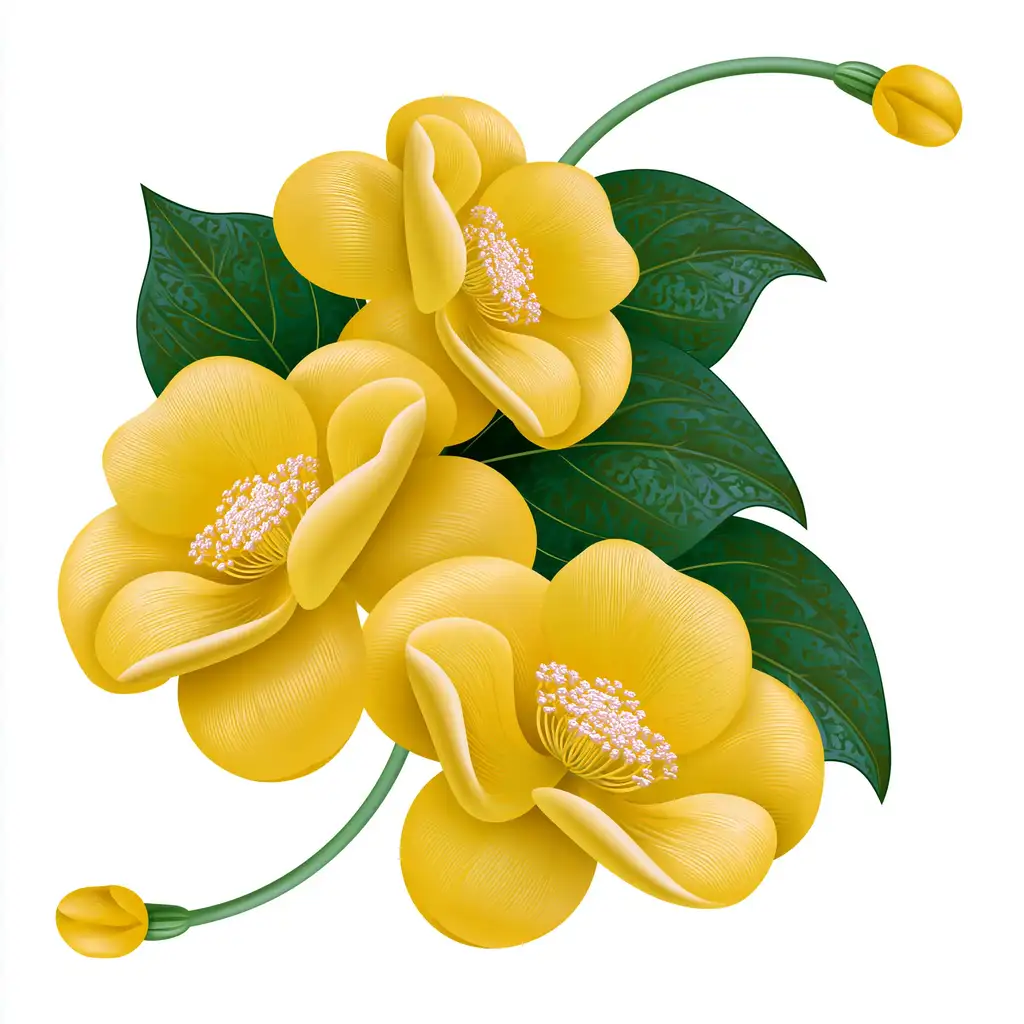 Yellow flowers with green leaves on white background