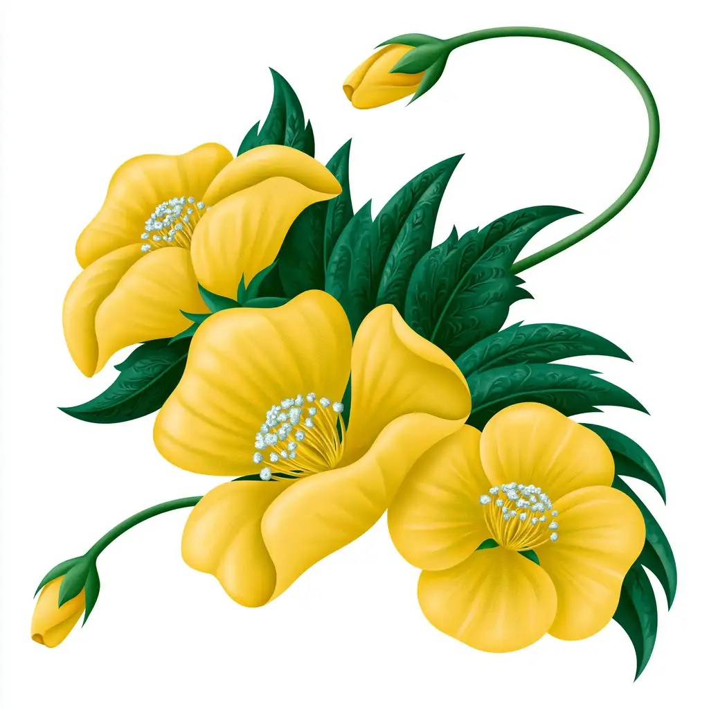 Yellow flowers with green leaves on white background