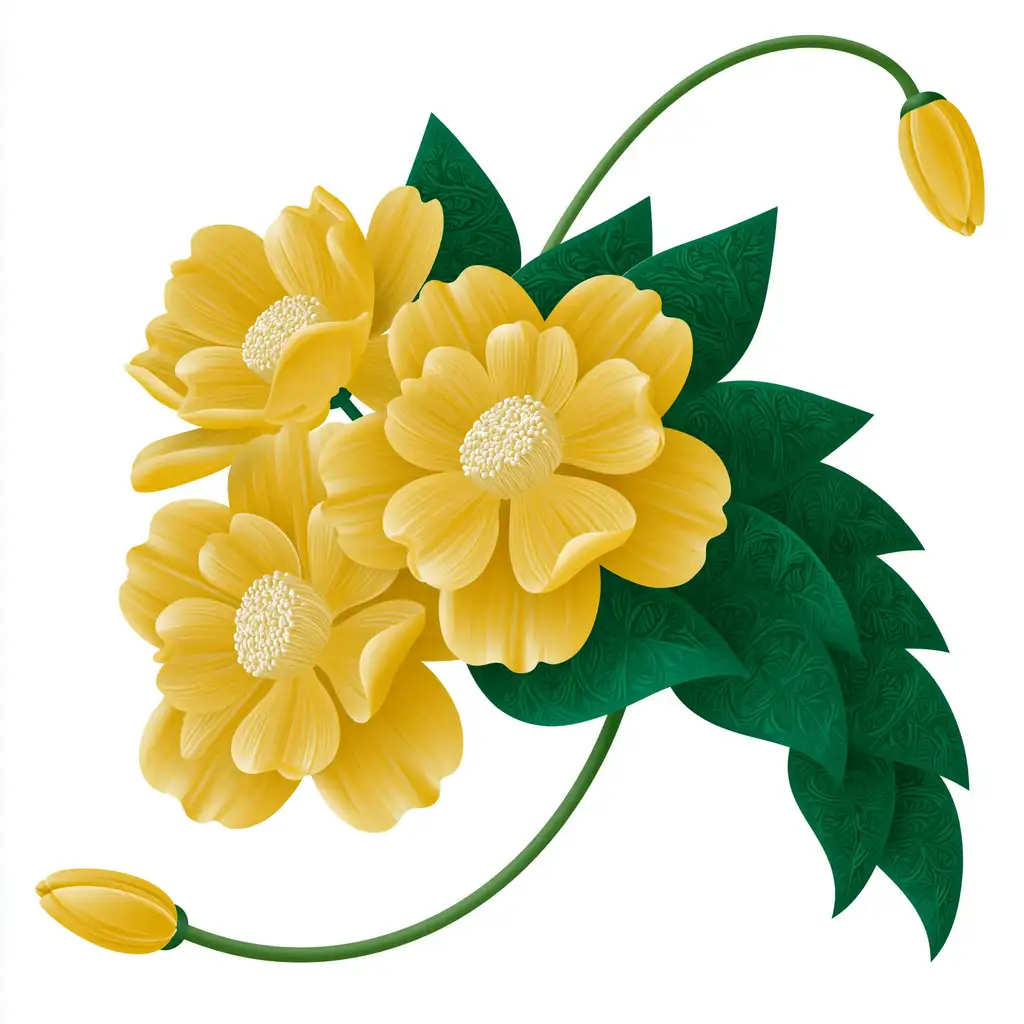 Yellow flowers with green leaves on white background