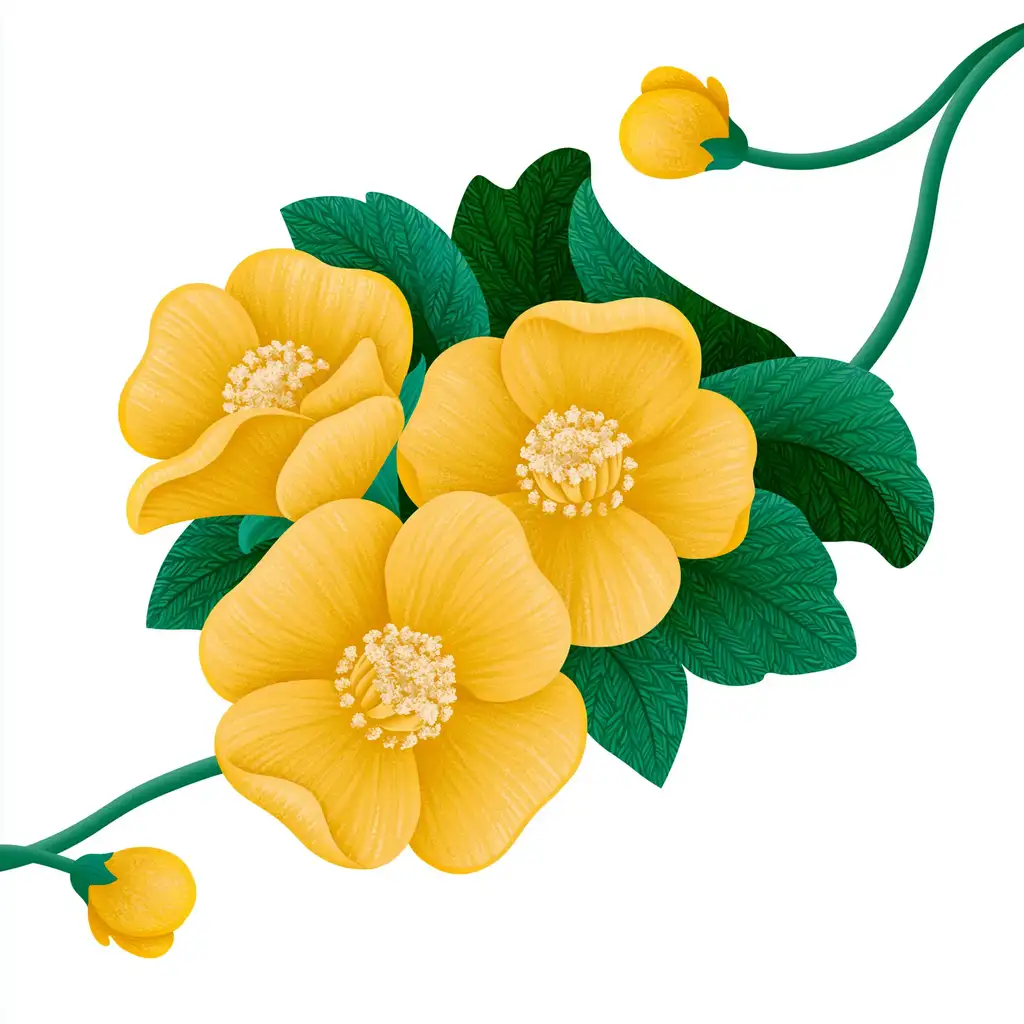 Yellow flowers with green leaves on white background