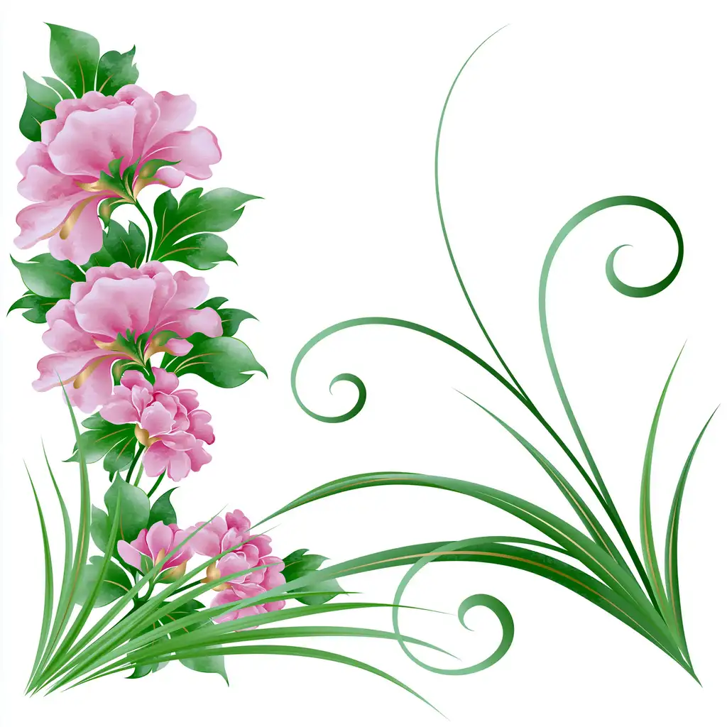 Floral Corner Illustration with Pink Flowers and Green Swirls