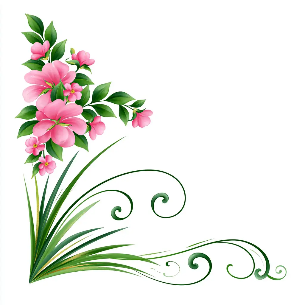 Floral Corner Illustration with Pink Flowers and Green Swirls