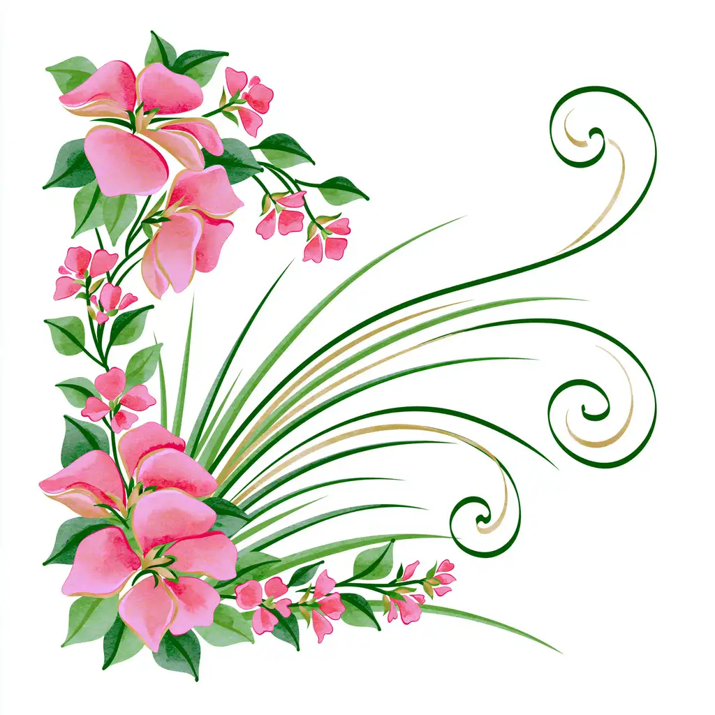 Floral Corner Illustration with Pink Flowers and Green Swirls