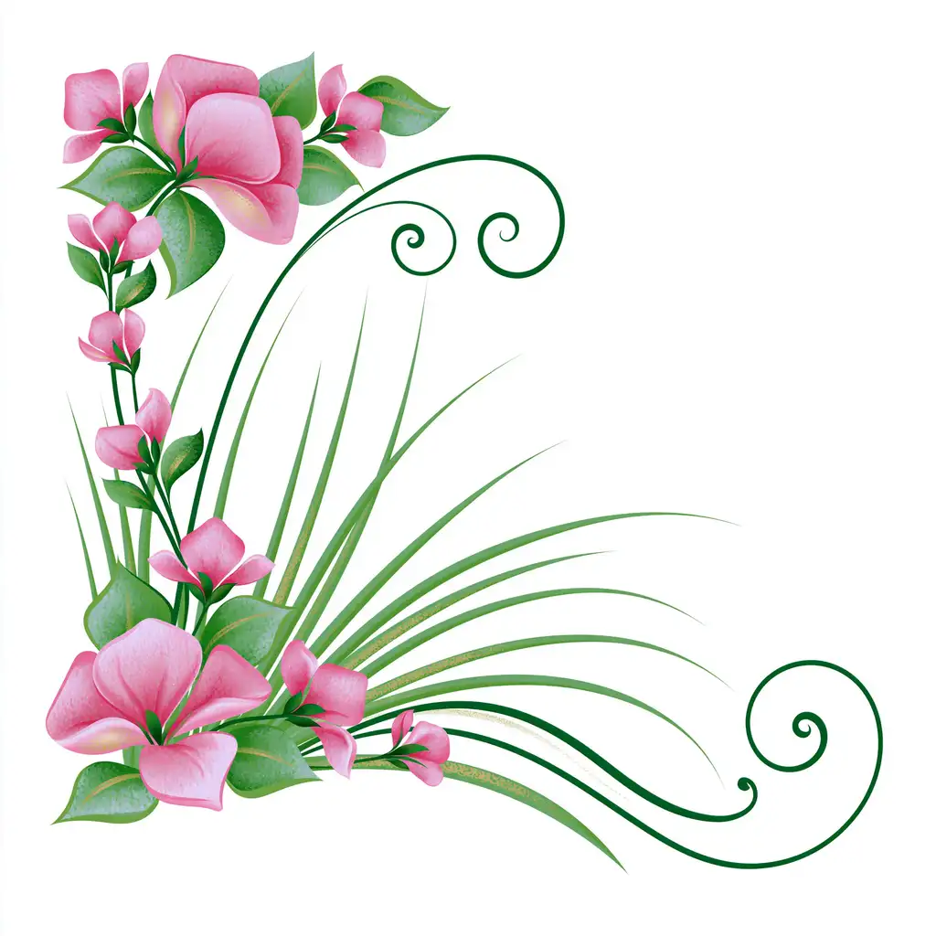 Floral Corner Illustration with Pink Flowers and Green Swirls