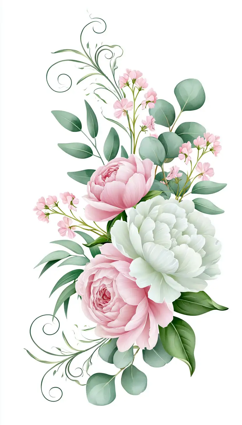 Pink and white flower bouquet illustration on white background