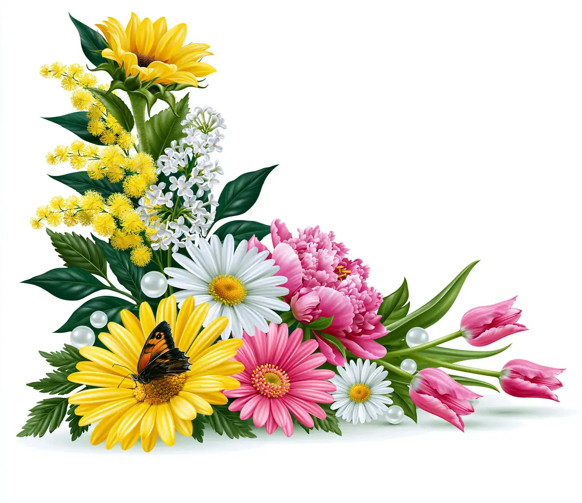 Spring Floral Corner Arrangement with Butterfly and Pearls
