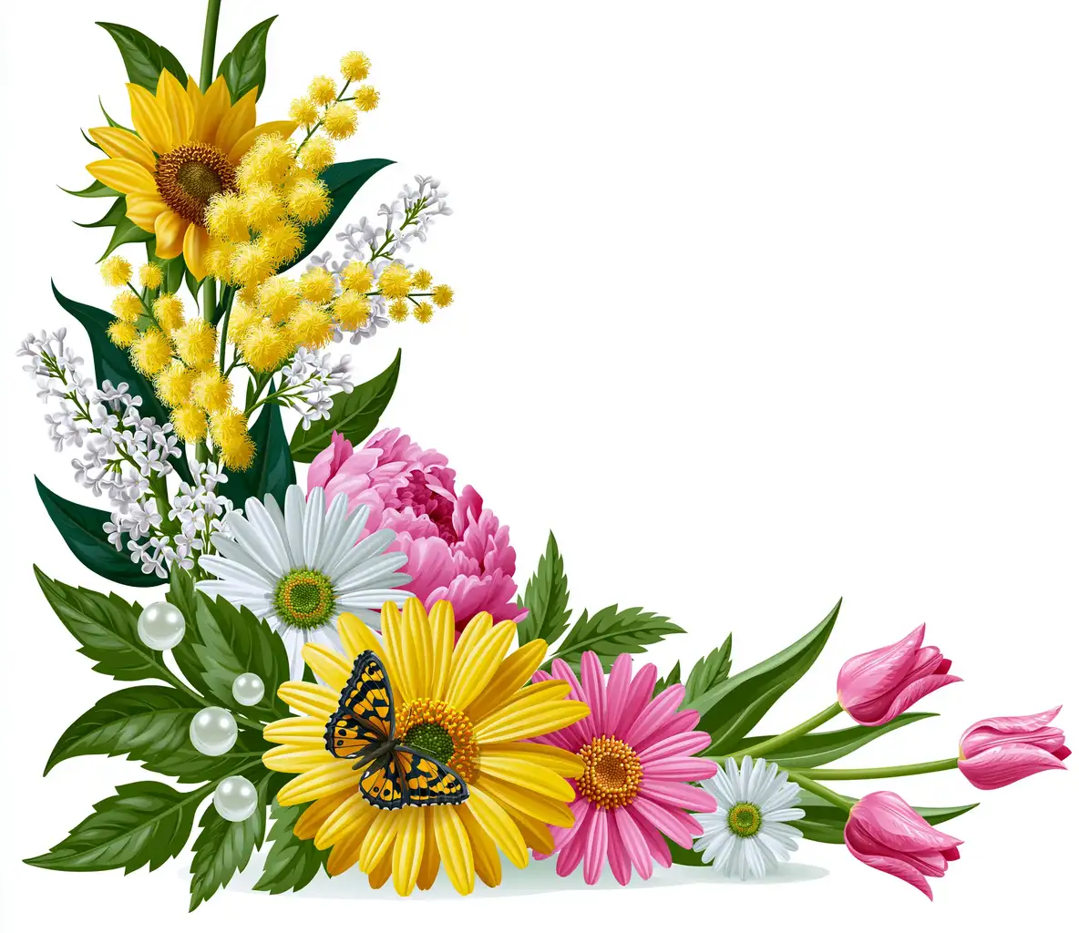 Spring Floral Corner Arrangement with Butterfly and Pearls