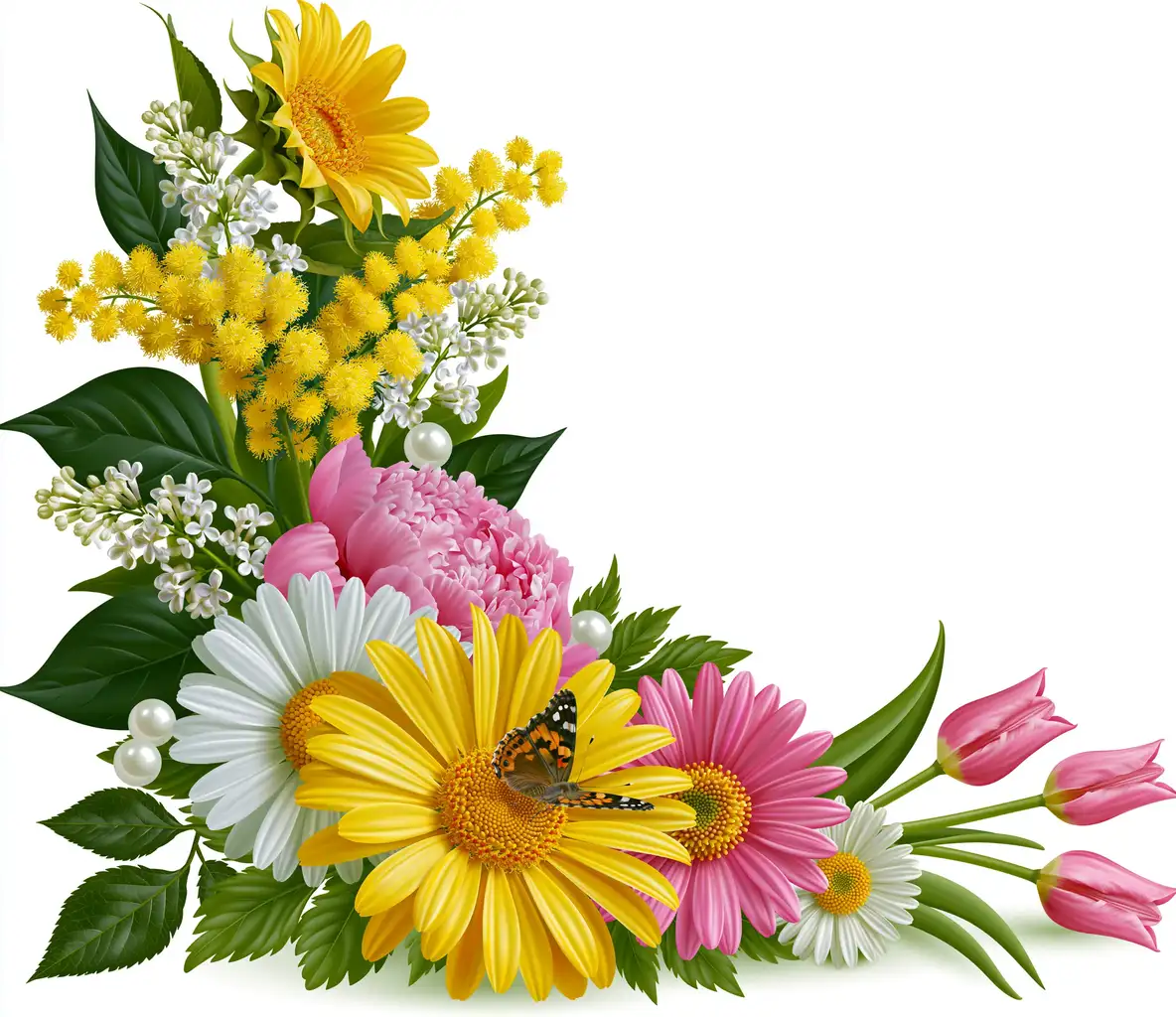 Spring Floral Corner Arrangement with Butterfly and Pearls