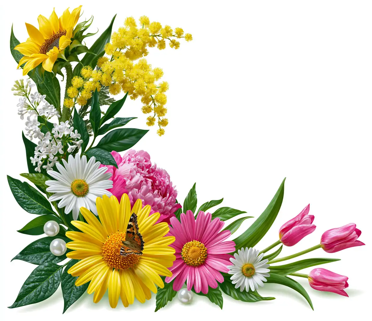 Spring Floral Corner Arrangement with Butterfly and Pearls
