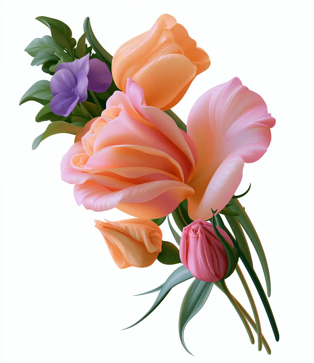 Colorful floral arrangement with roses and tulips on white