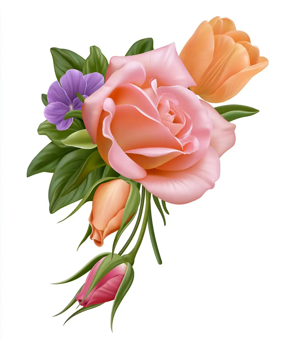 Colorful floral arrangement with roses and tulips on white